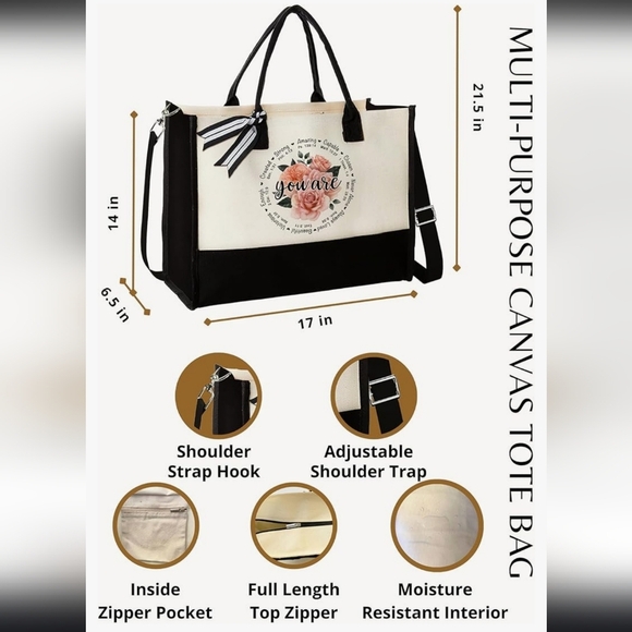 New! Canvas tote large bag with scripture religious Christian flower white black - Picture 3 of 7